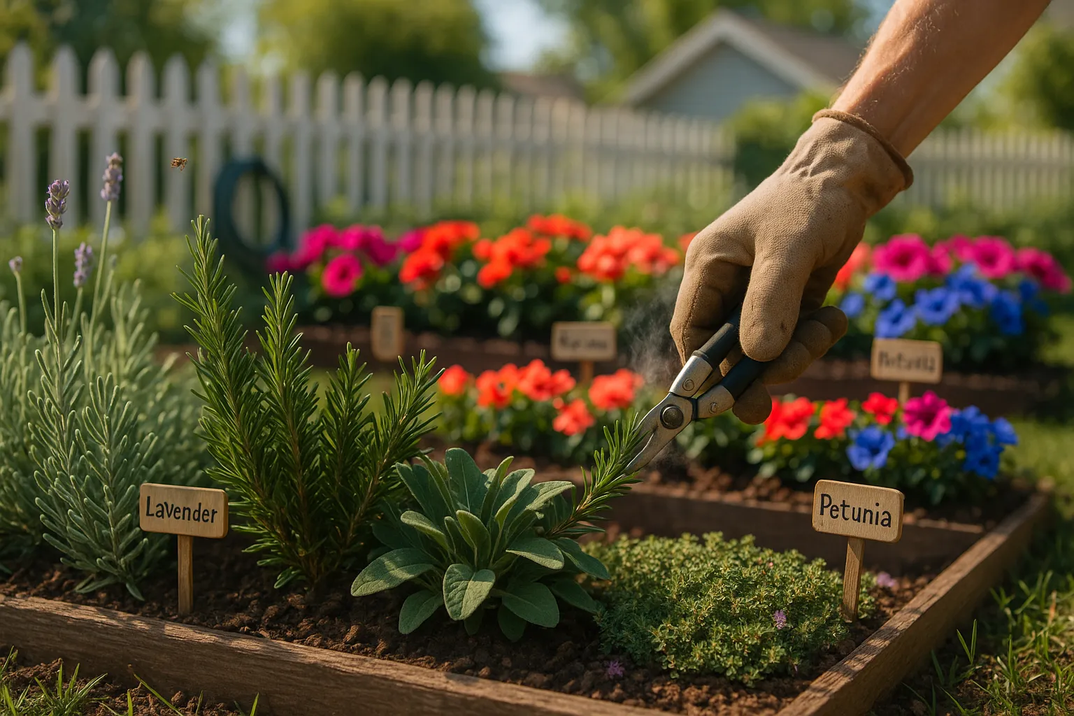 A gardener harvesting rosemary from an herb bed next to bright seasonal bedding.