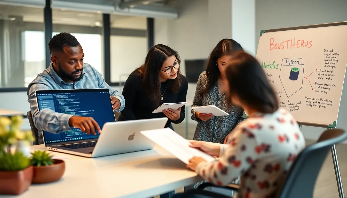 diverse team discussing Python coding issues in a modern office.