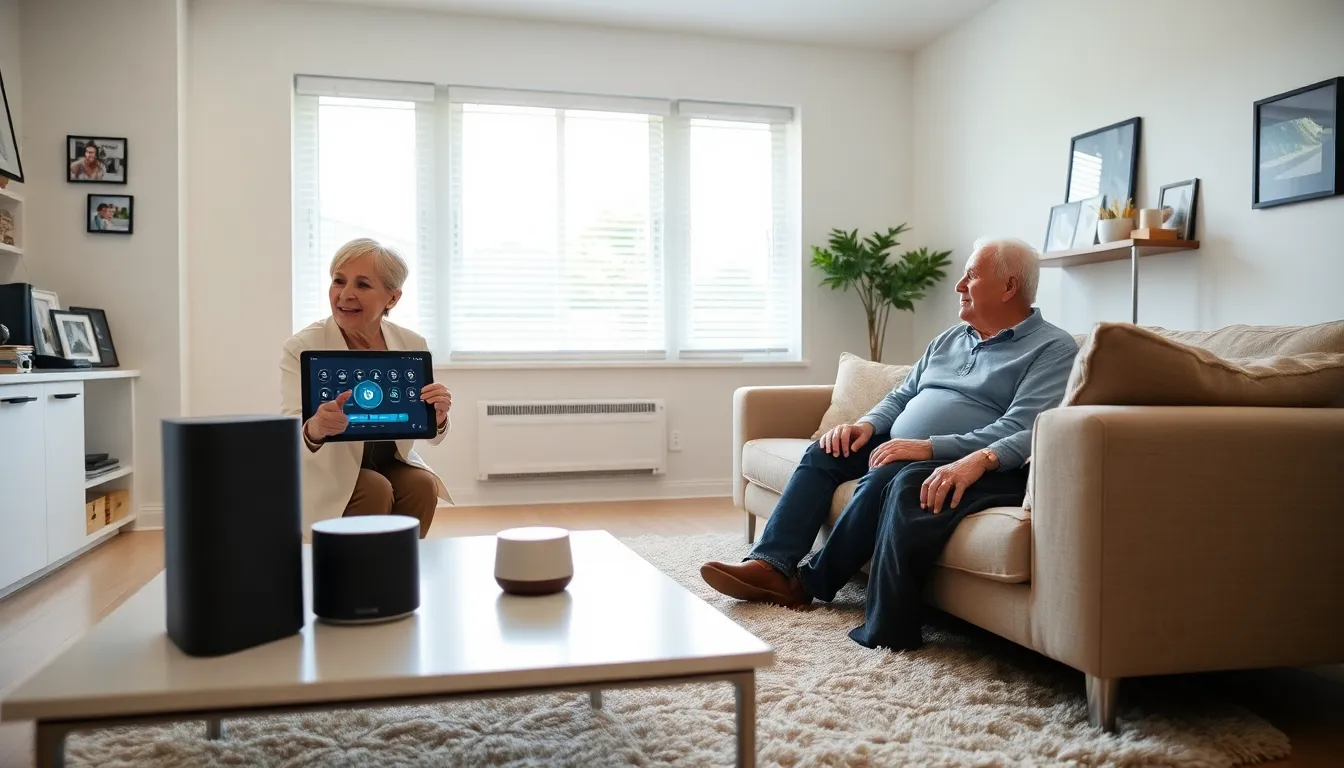 elderly couple using smart home technology in a cozy living room.
