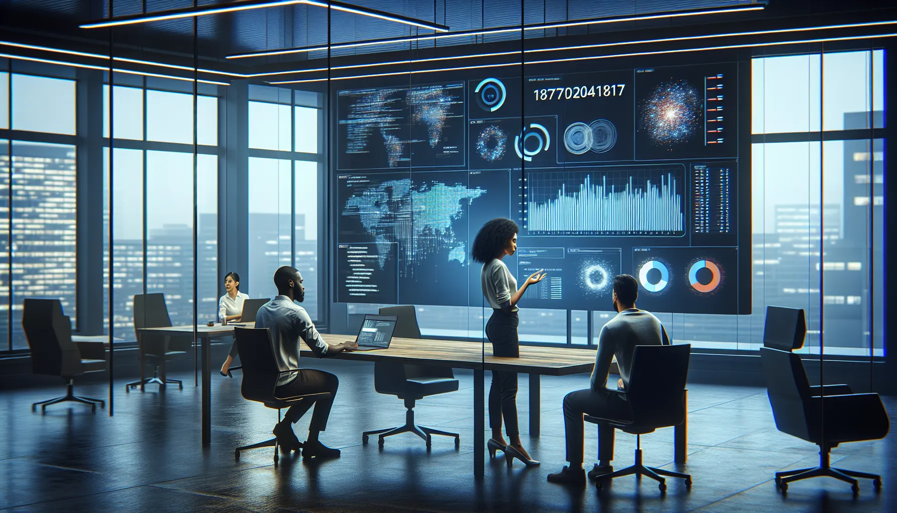 diverse team discussing data in a modern office.