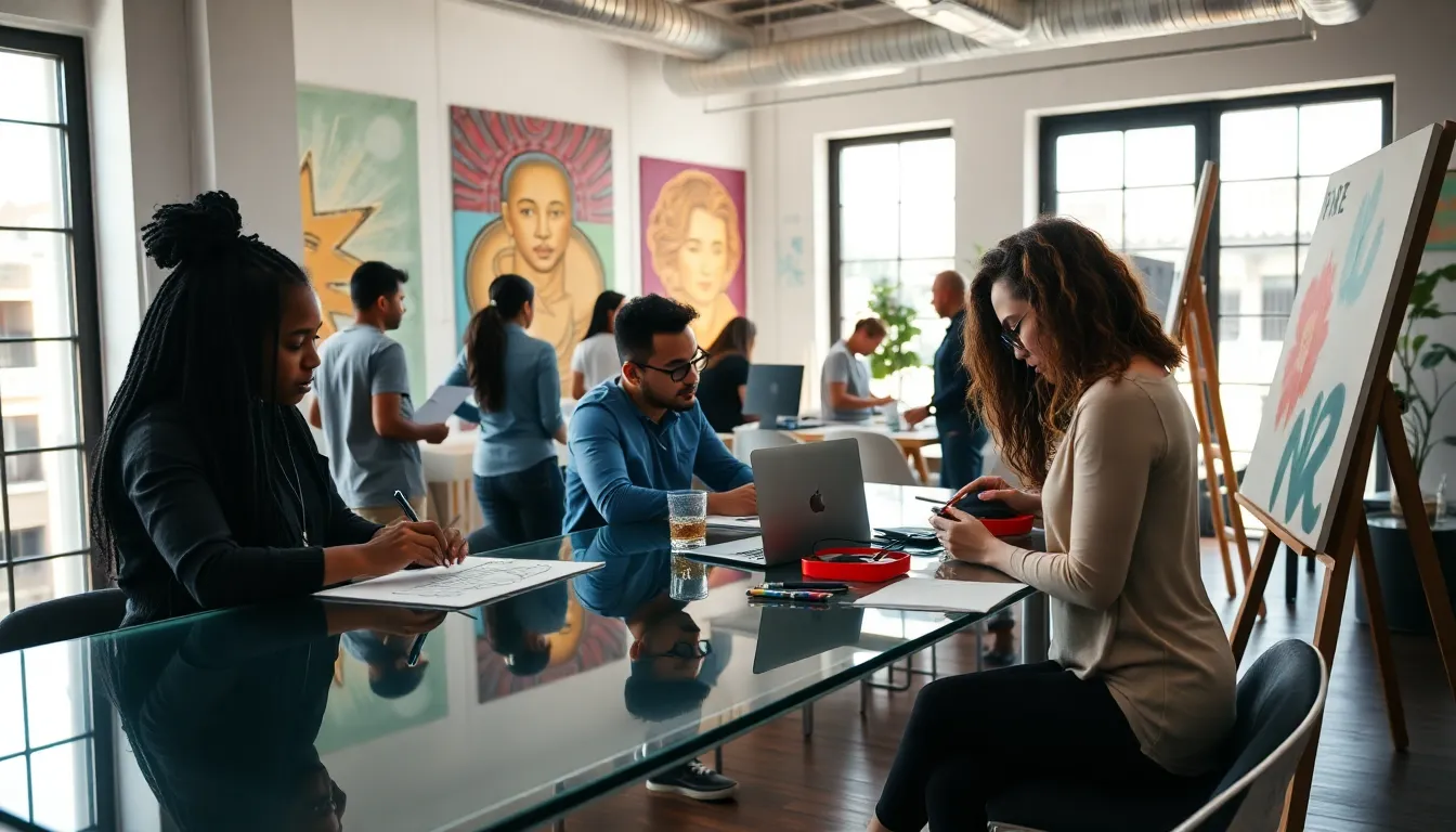 diverse creators collaborating in a modern co-working space.