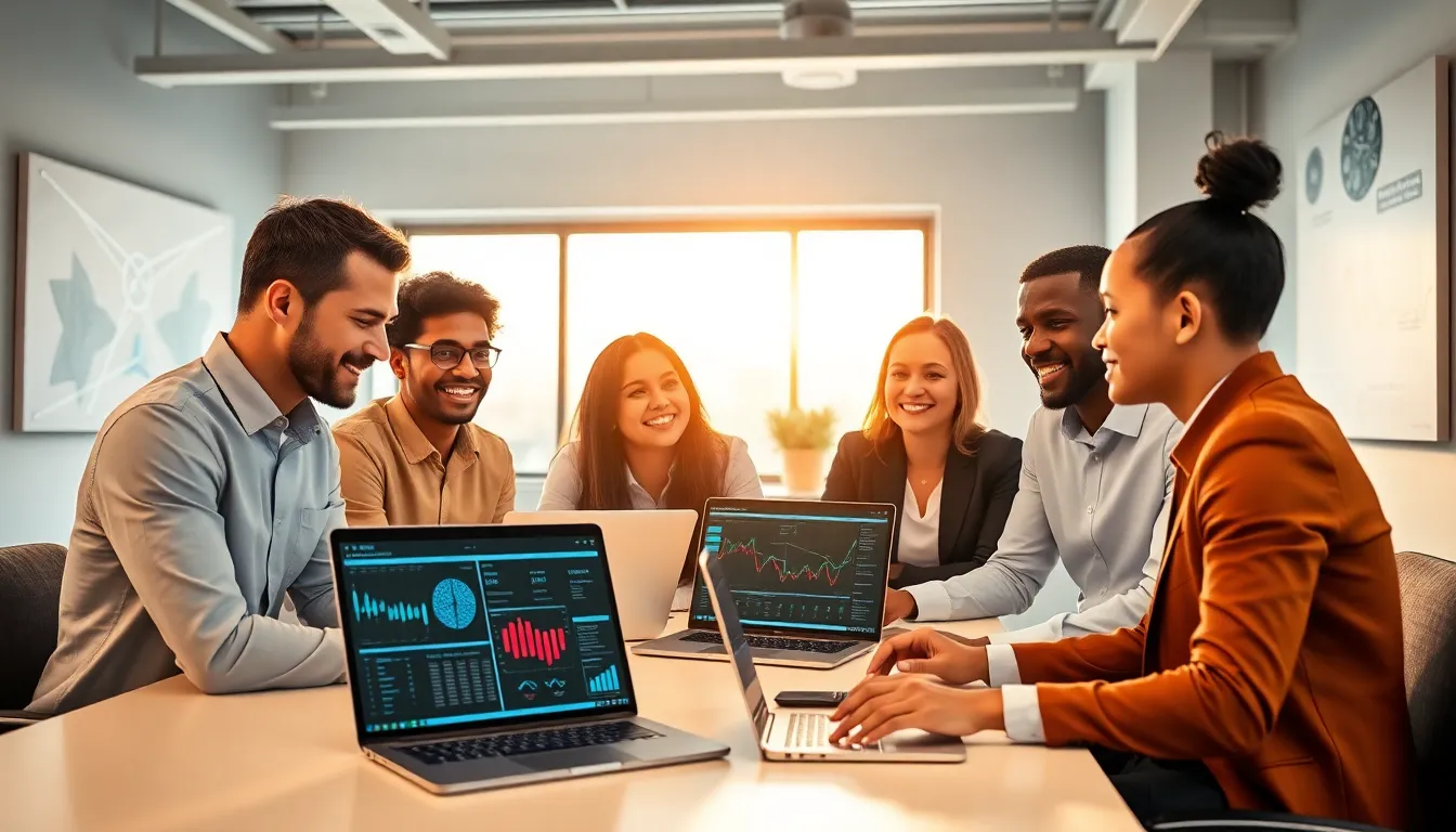 diverse team collaborating on technology in a modern office.
