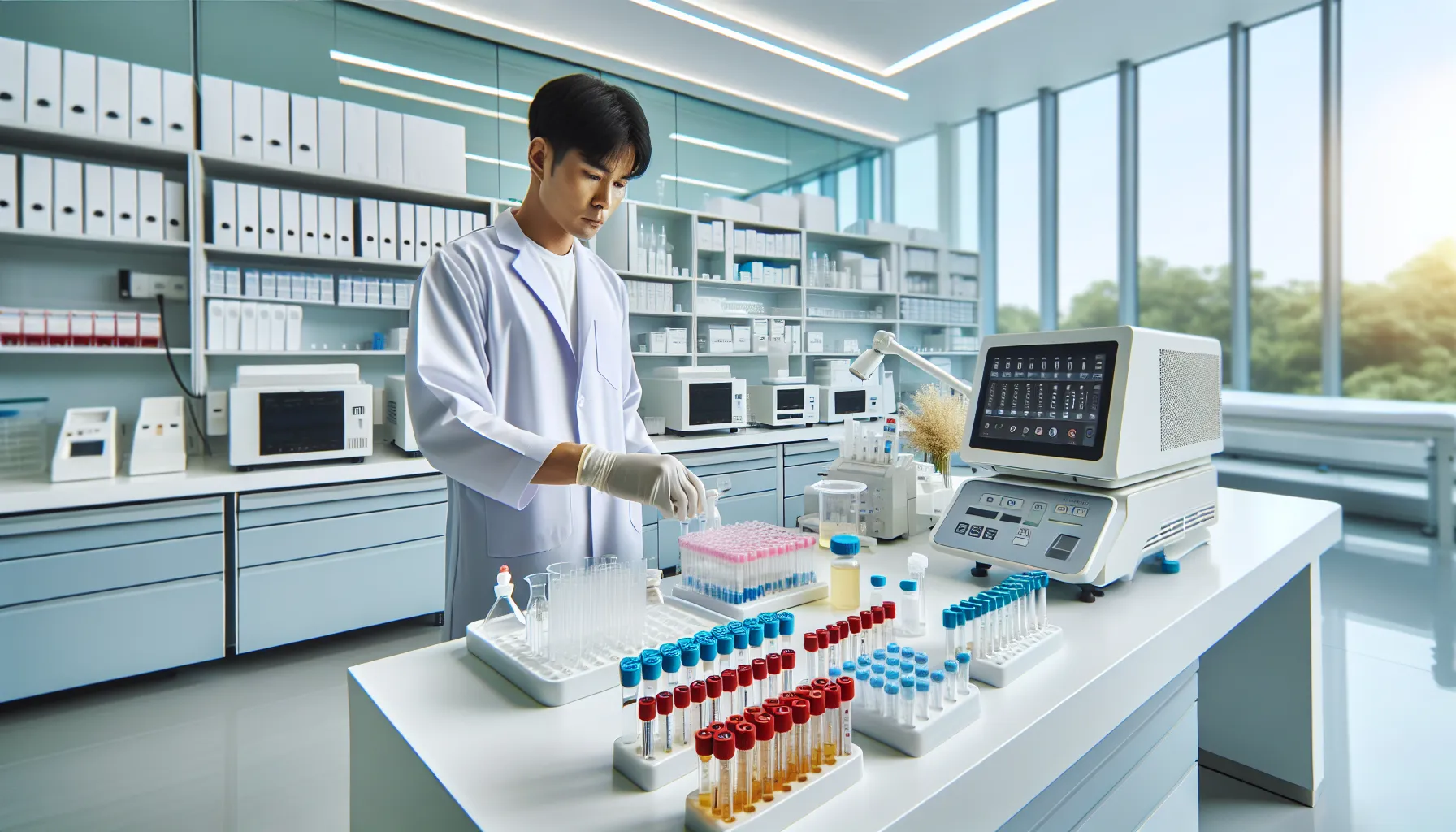 Professional medical laboratory with drug testing equipment and healthcare worker