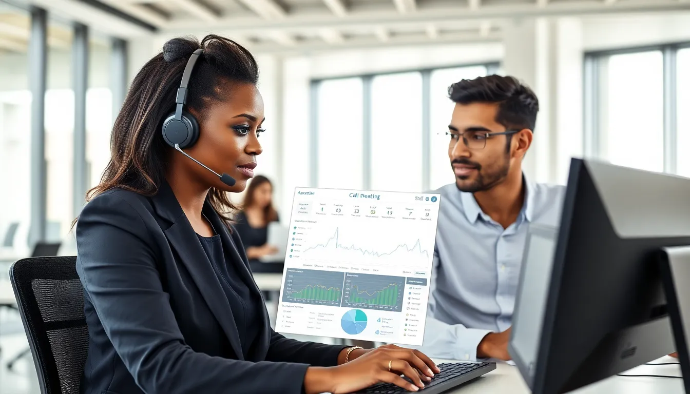 diverse team using automatic call distribution software in a modern office.