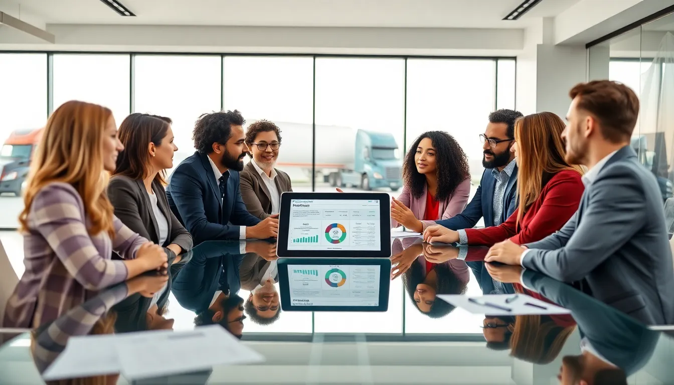 professionals discussing truck financing options in a modern office.