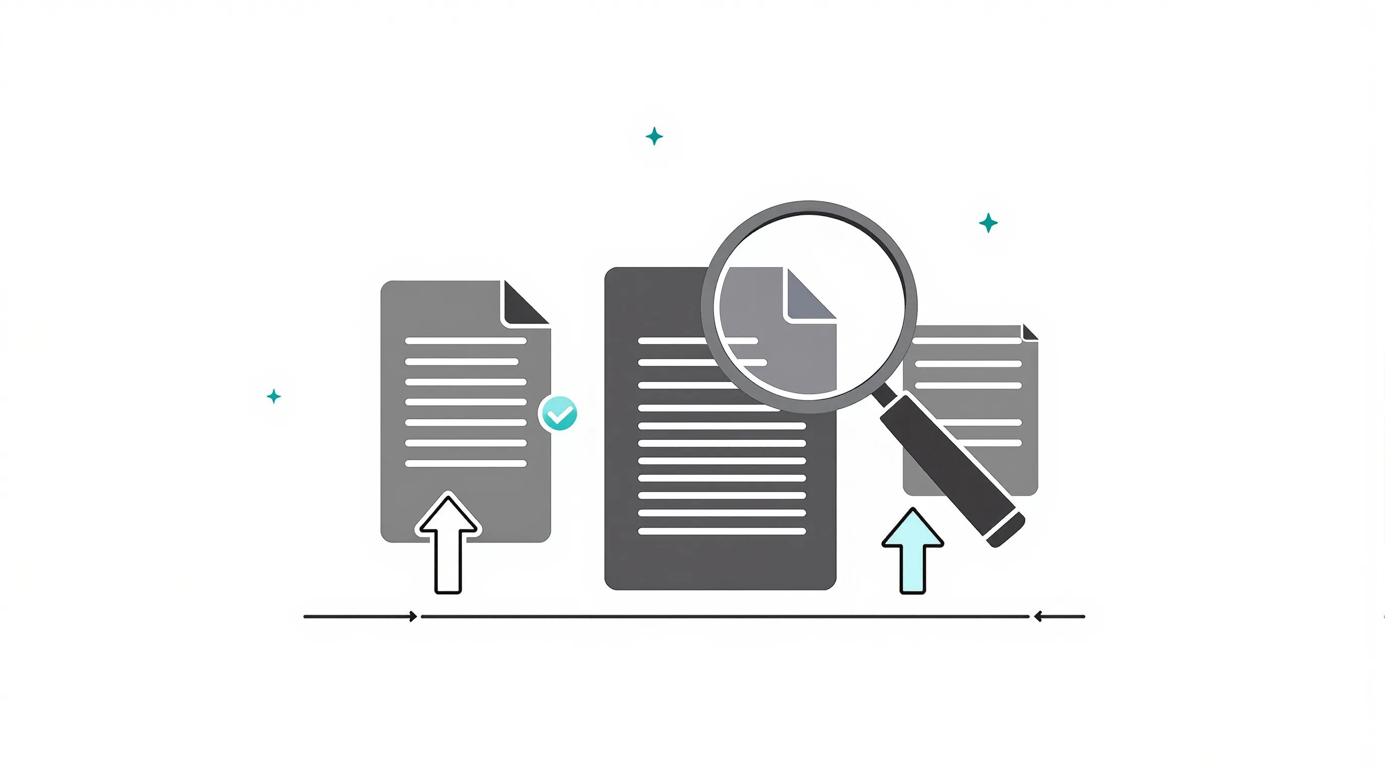Magnifying glass examining three simplified document icons on white background.