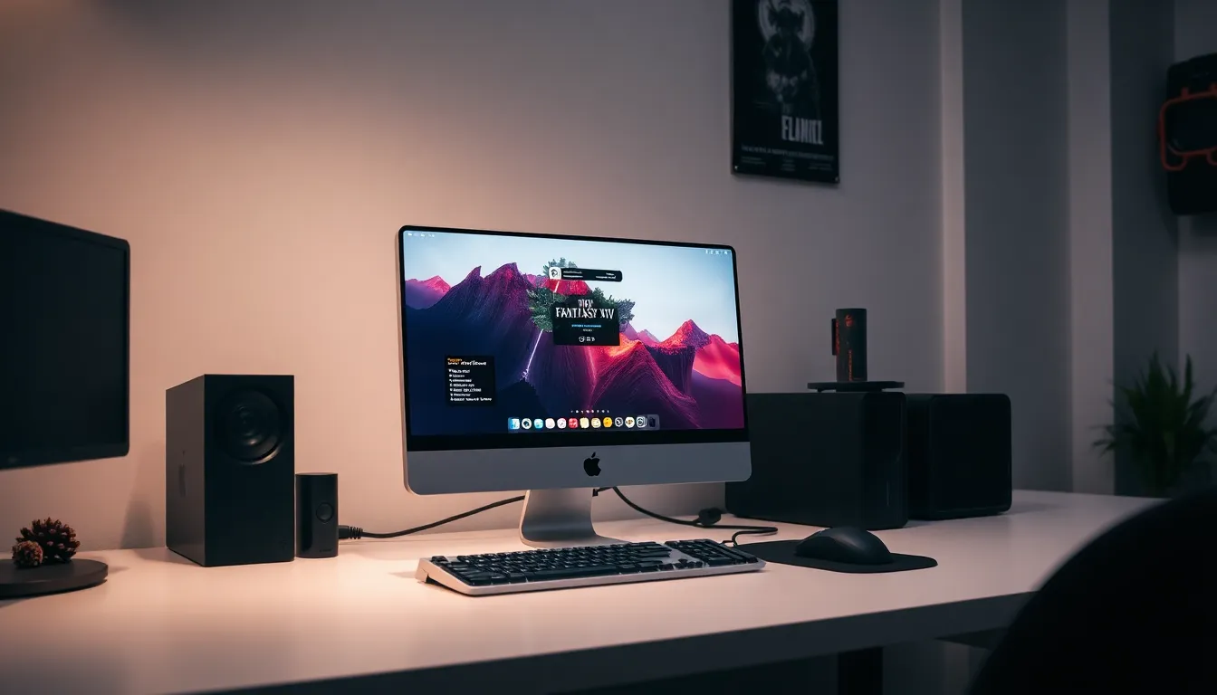modern workspace featuring a Mac computer with Final Fantasy XIV graphics.