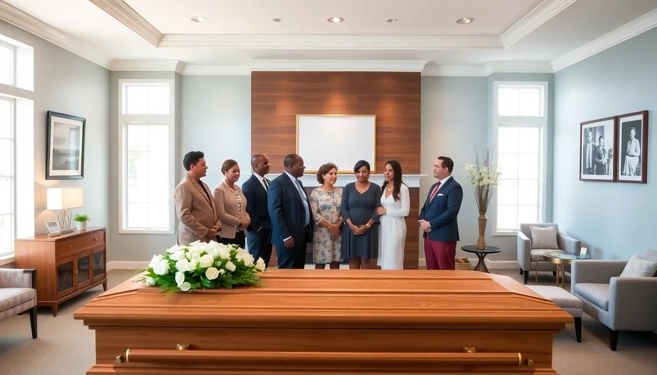 family gathering in a respectful funeral home setting.