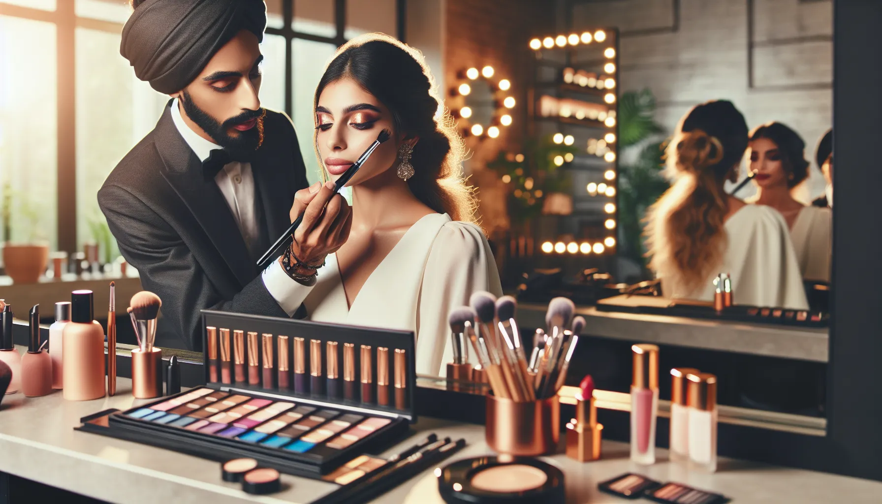 beauty professionals applying eye makeup in a modern salon setting.