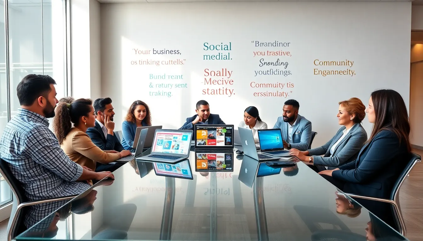 diverse small business owners brainstorming social media strategies in a modern office.