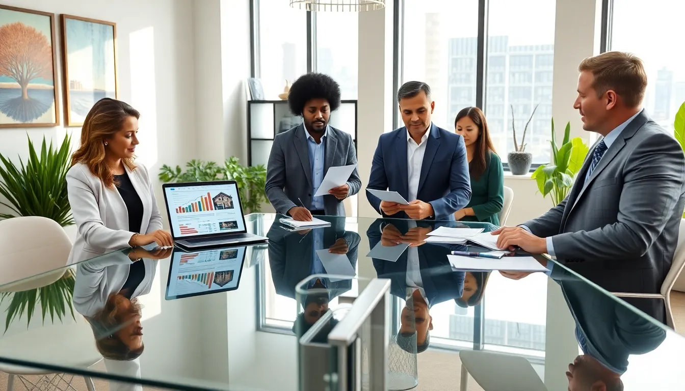 diverse real estate team collaborating in a modern office.