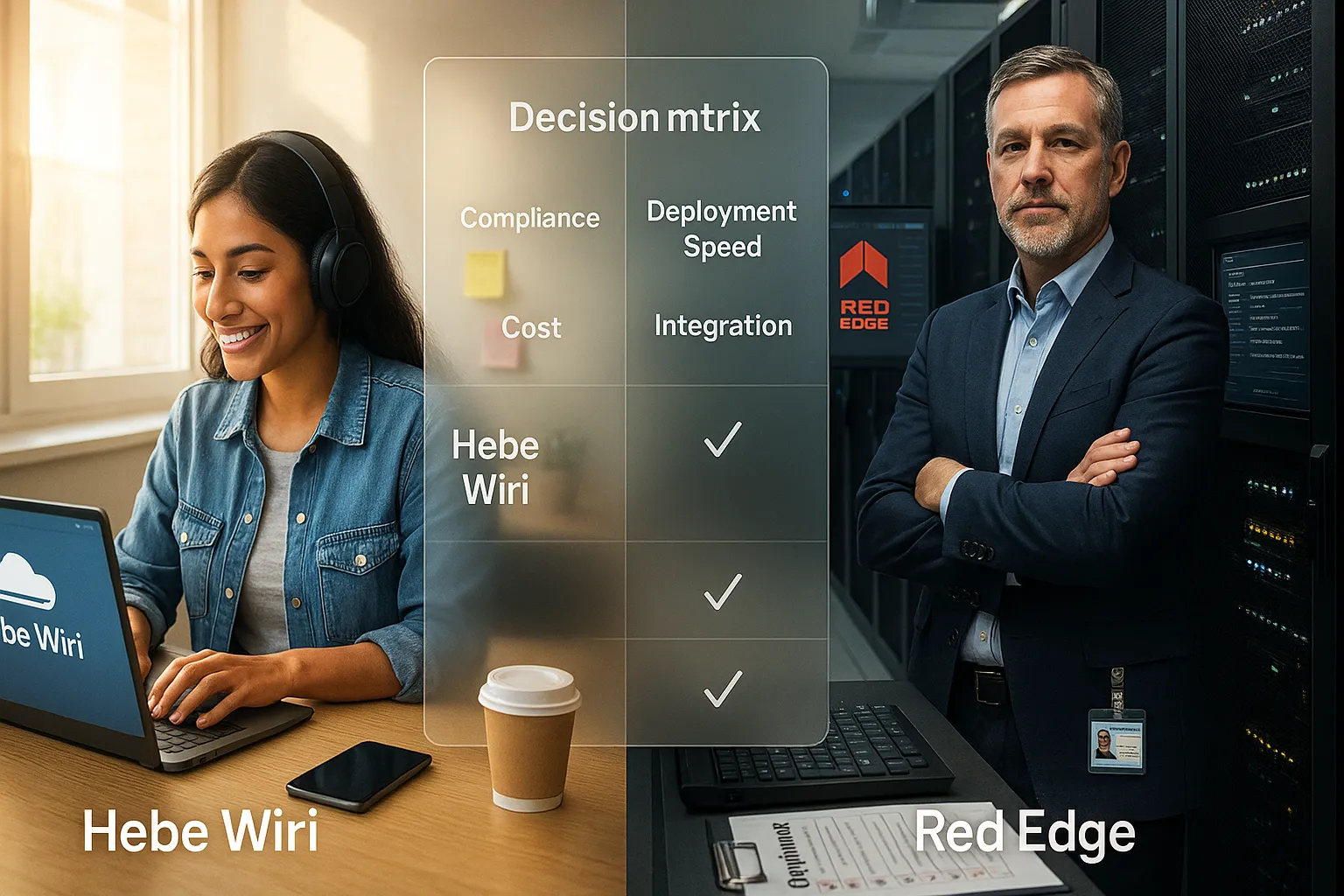 Developer in co‑working space contrasted with IT manager by secure server racks.