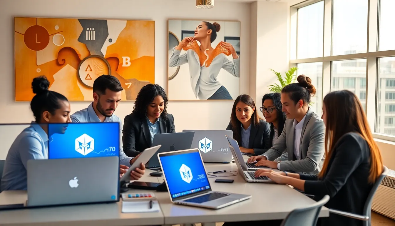 diverse team discussing Cardano cryptocurrency developments in a modern office.