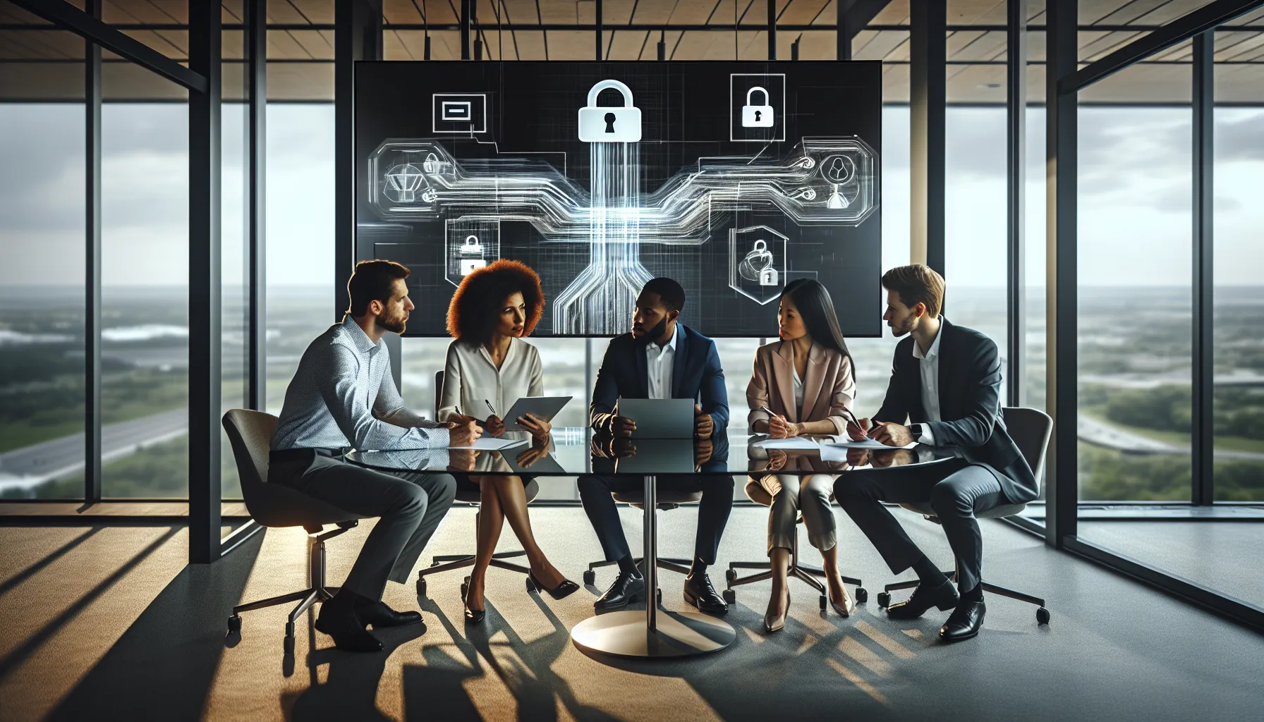 Professionals discussing data privacy regulations in a modern office setting.