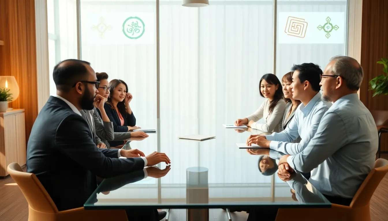 diverse team discussing cultural practices in a modern office