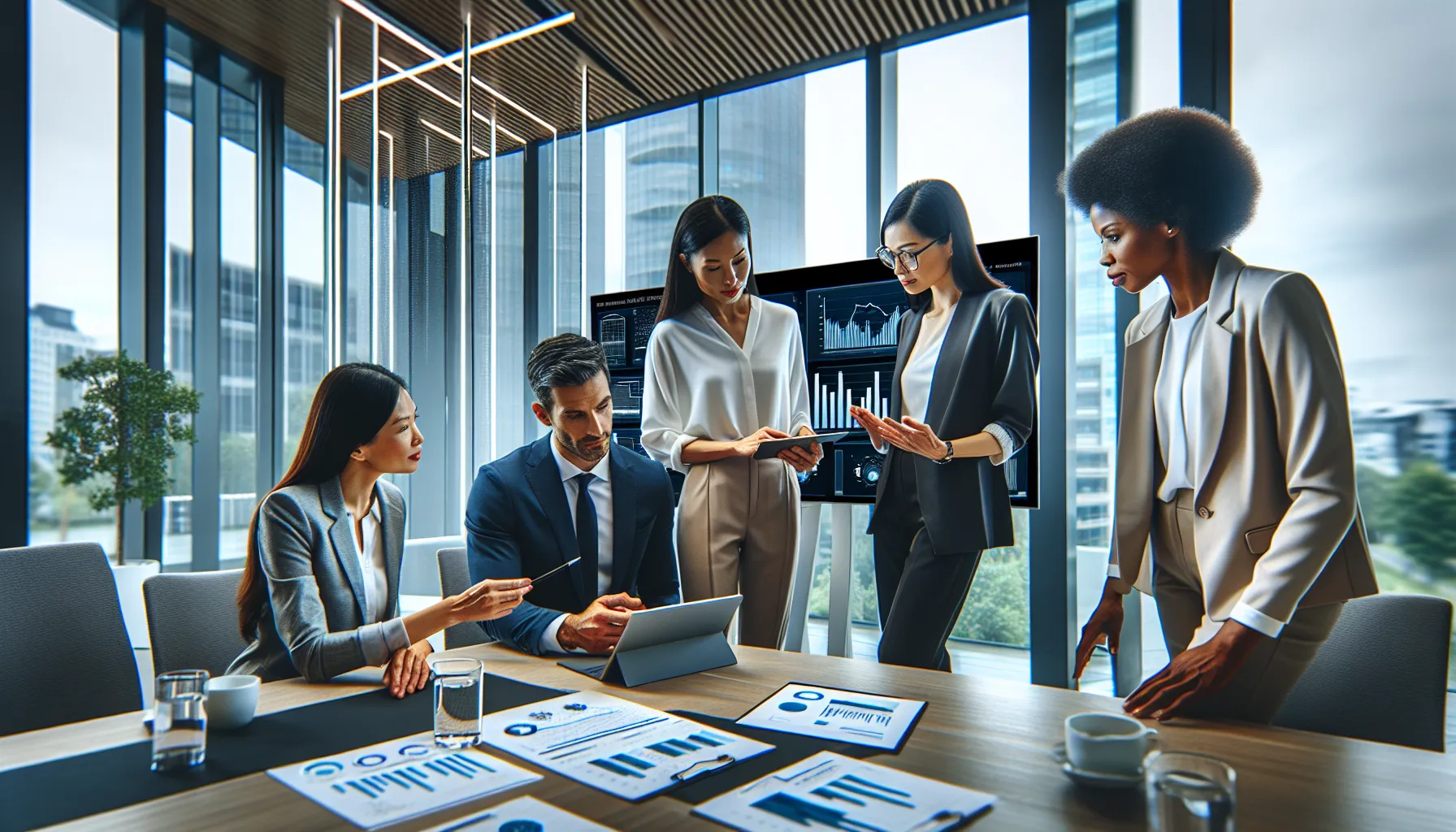 professionals collaborating on performance metrics in a modern office.