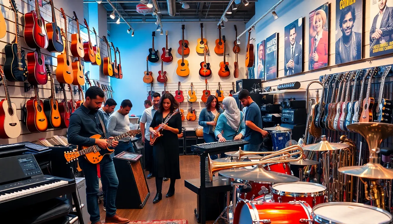 diverse musicians exploring instruments in a vibrant San Antonio music store.