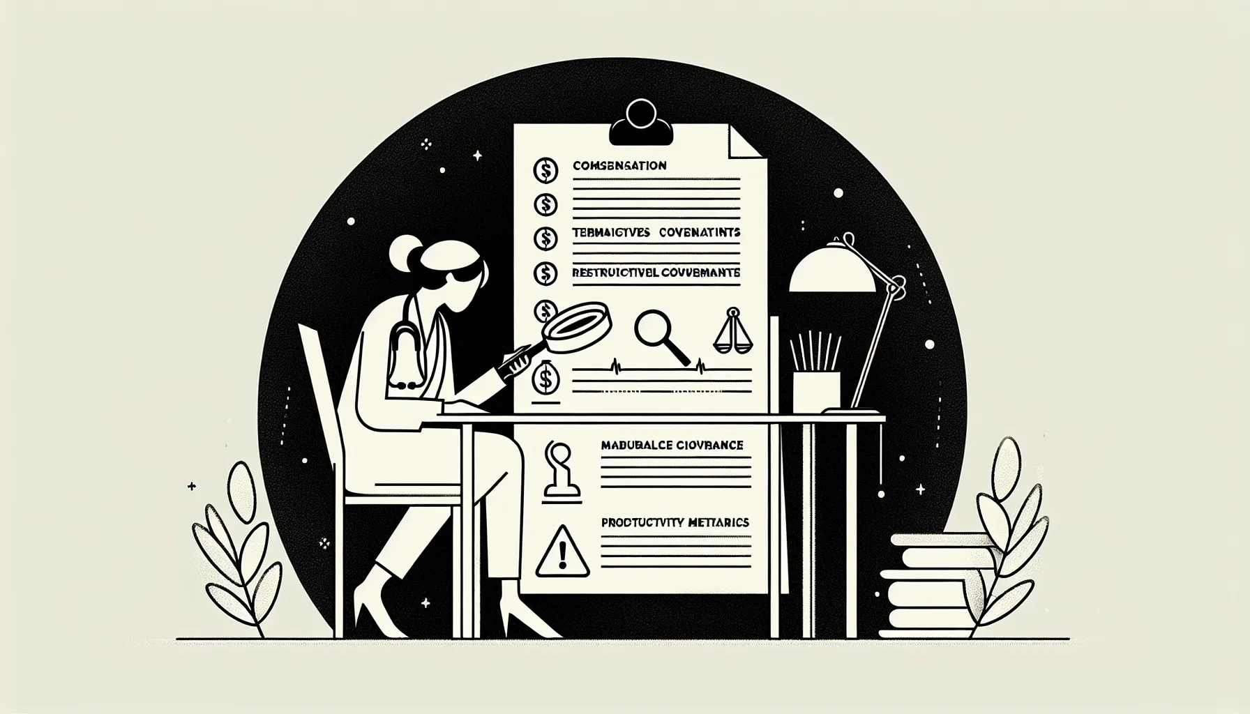 Physician reviewing a contract with magnifier and five labeled warning icons.