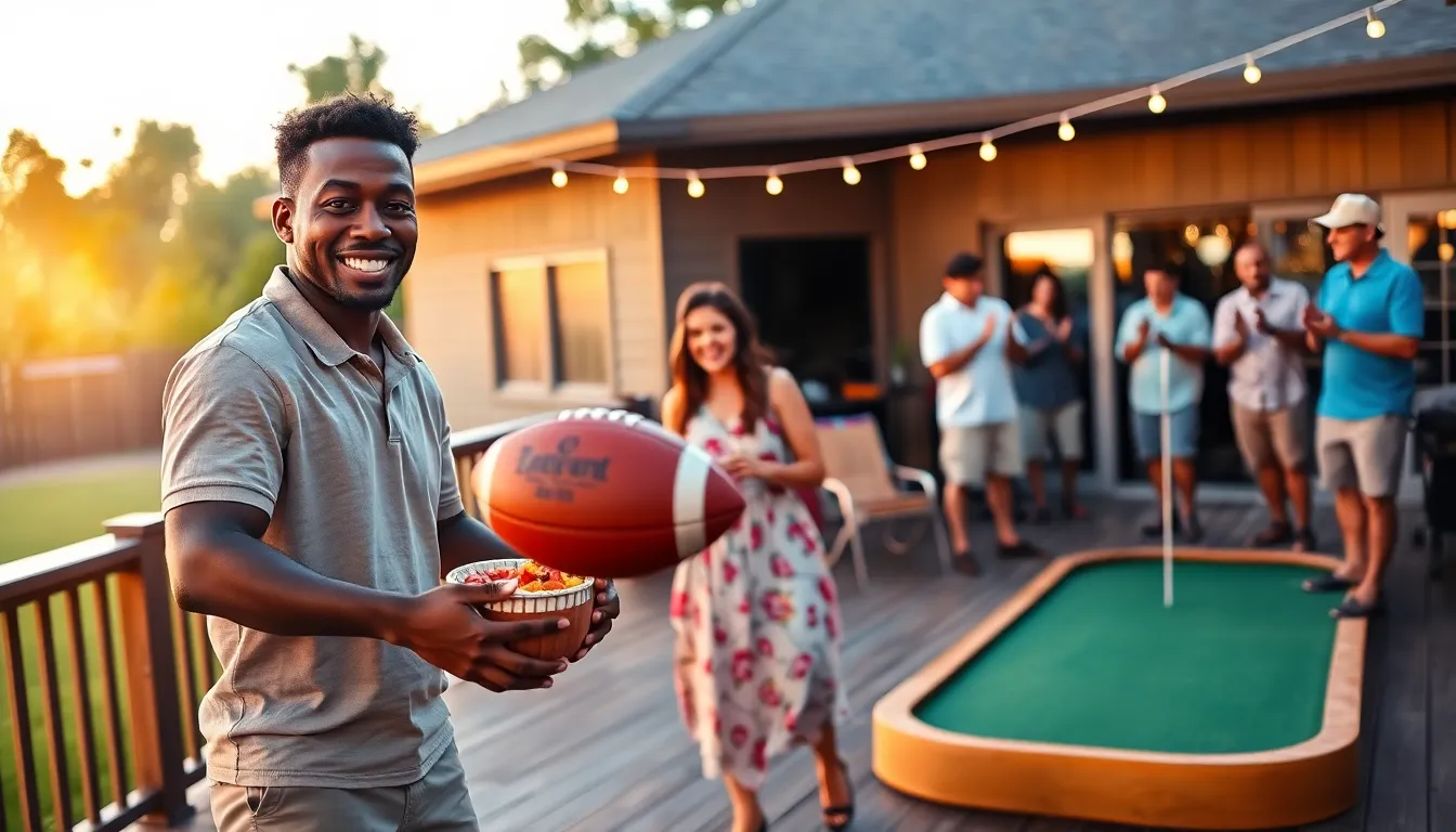 A barbecue gathering showcasing football and golf in a vibrant backyard.