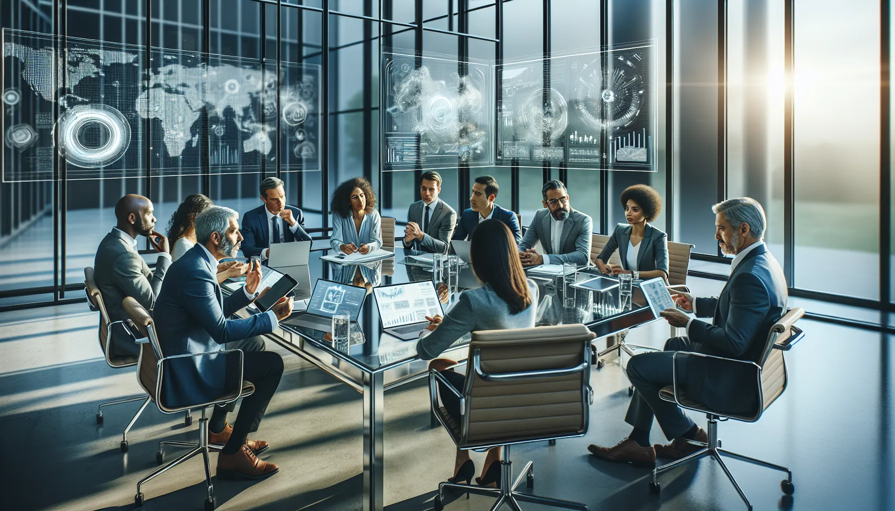 diverse professionals engaged in a tech roundtable discussion.