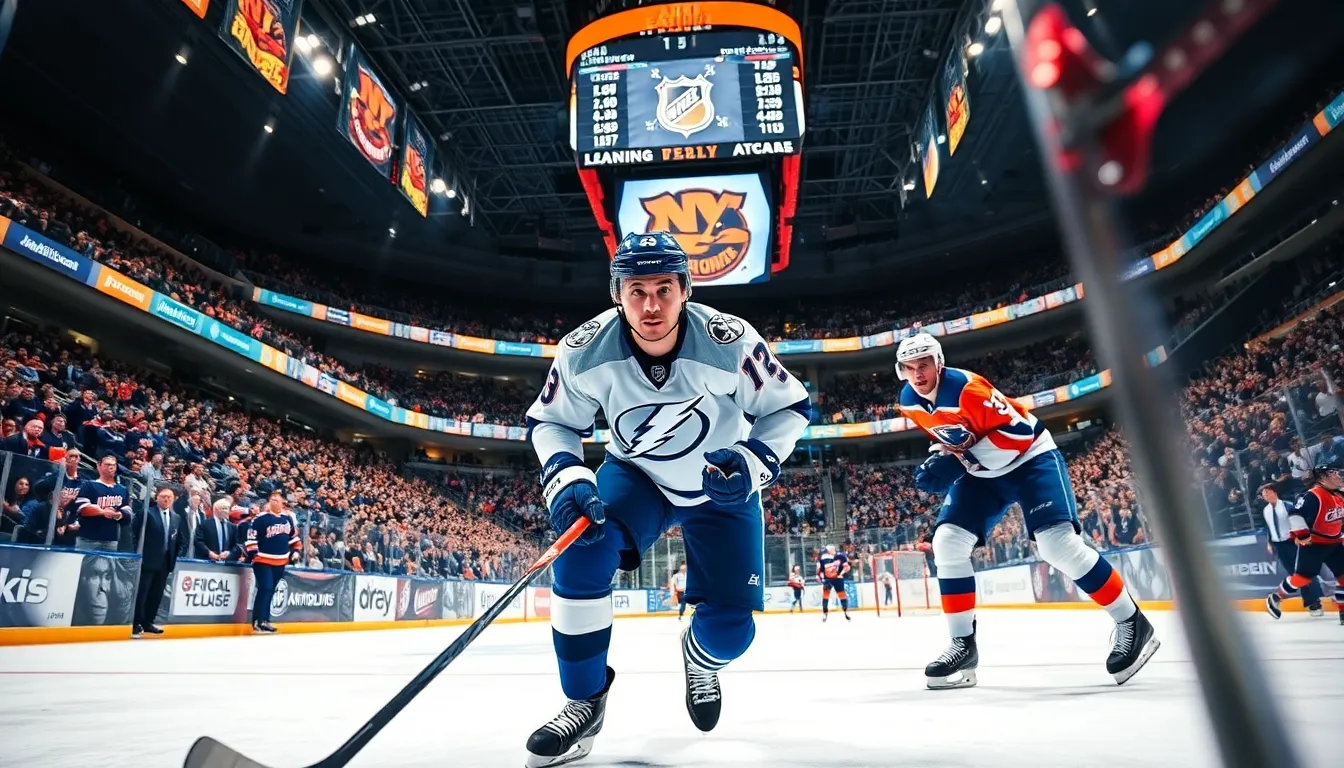 two hockey players battling for the puck during a game in a packed arena.