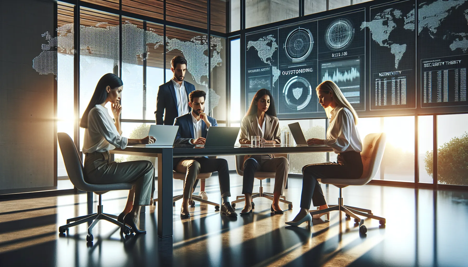 diverse team analyzing cybersecurity threats in a modern office.