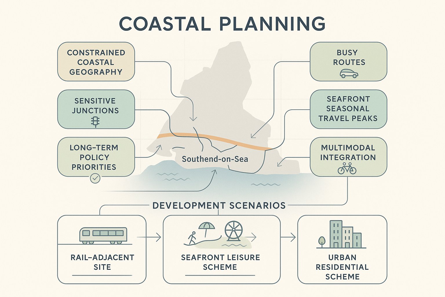 Infographic of Southend transport planning factors, policy priorities, and key development scenarios.
