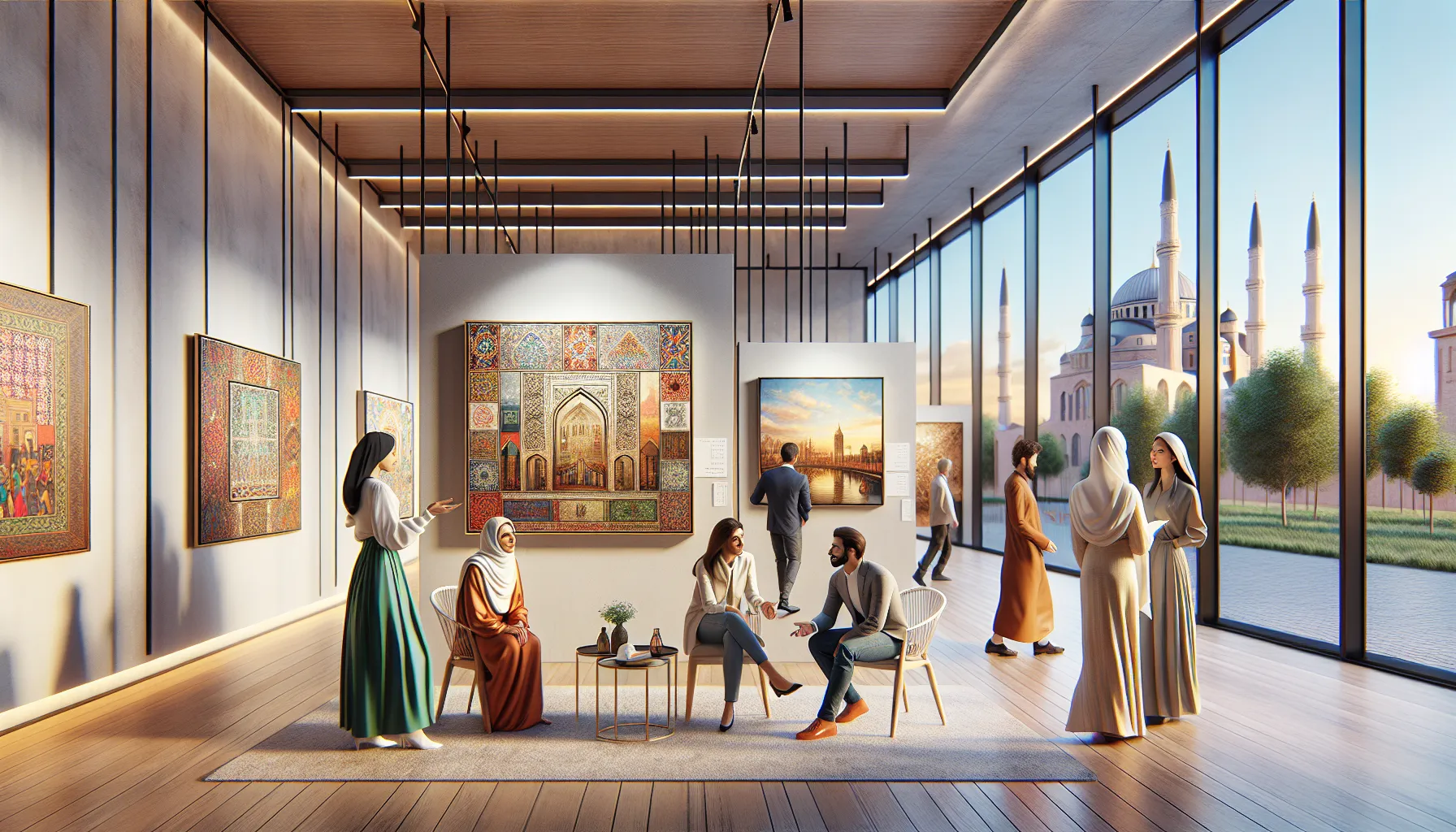 artists discussing modern artworks inspired by ебылово in a gallery setting.