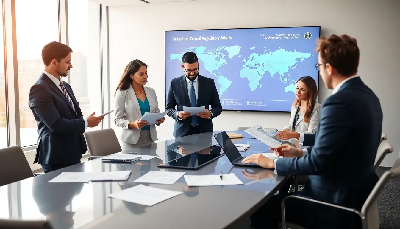 diverse regulatory affairs team collaborating in a modern office.