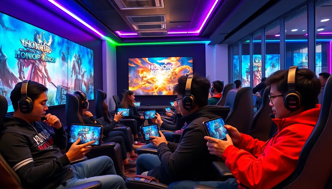 diverse gamers focused on mobile gaming in a modern lounge setting.