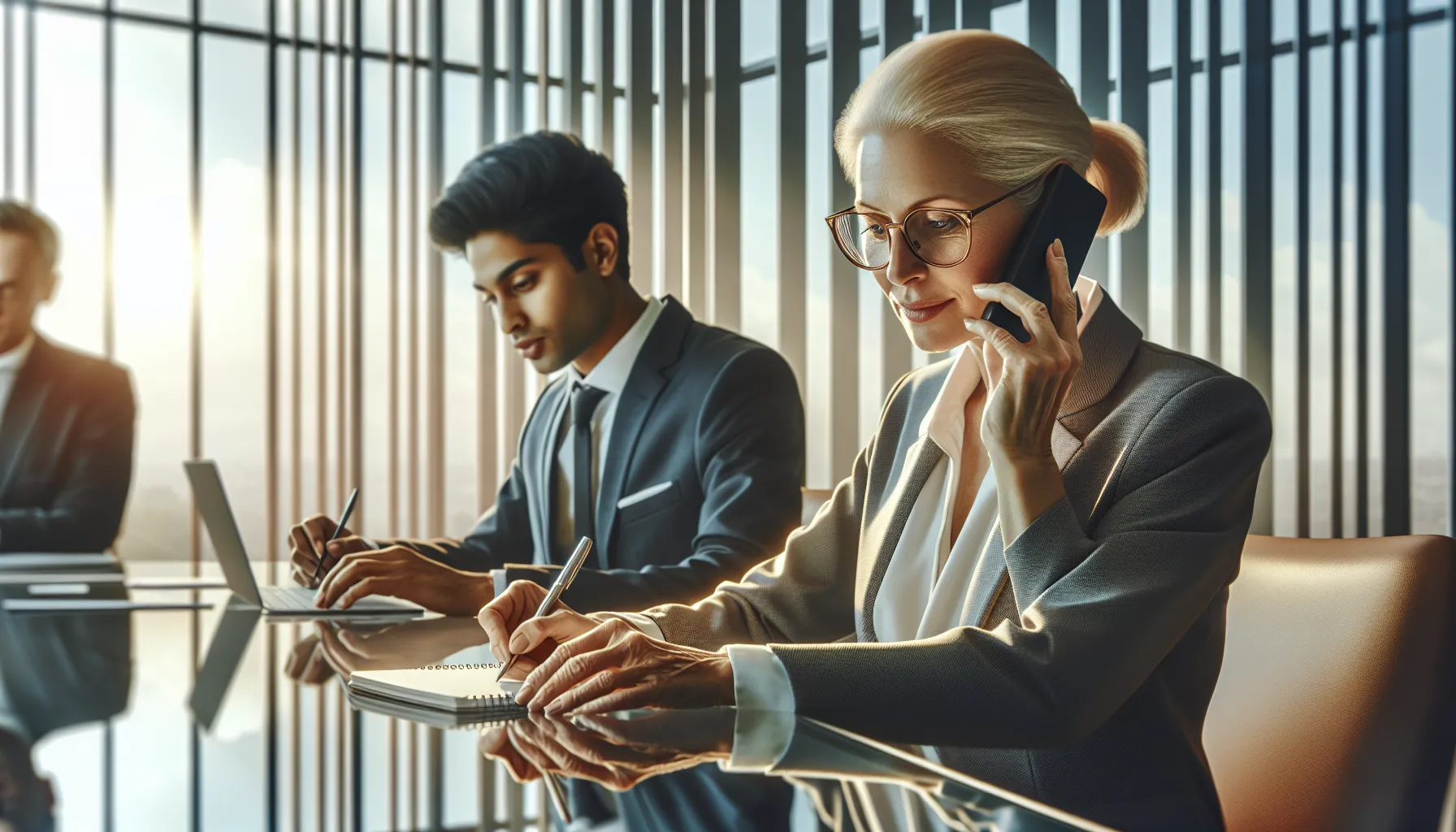 professionals engaged in a phone call in a modern office.