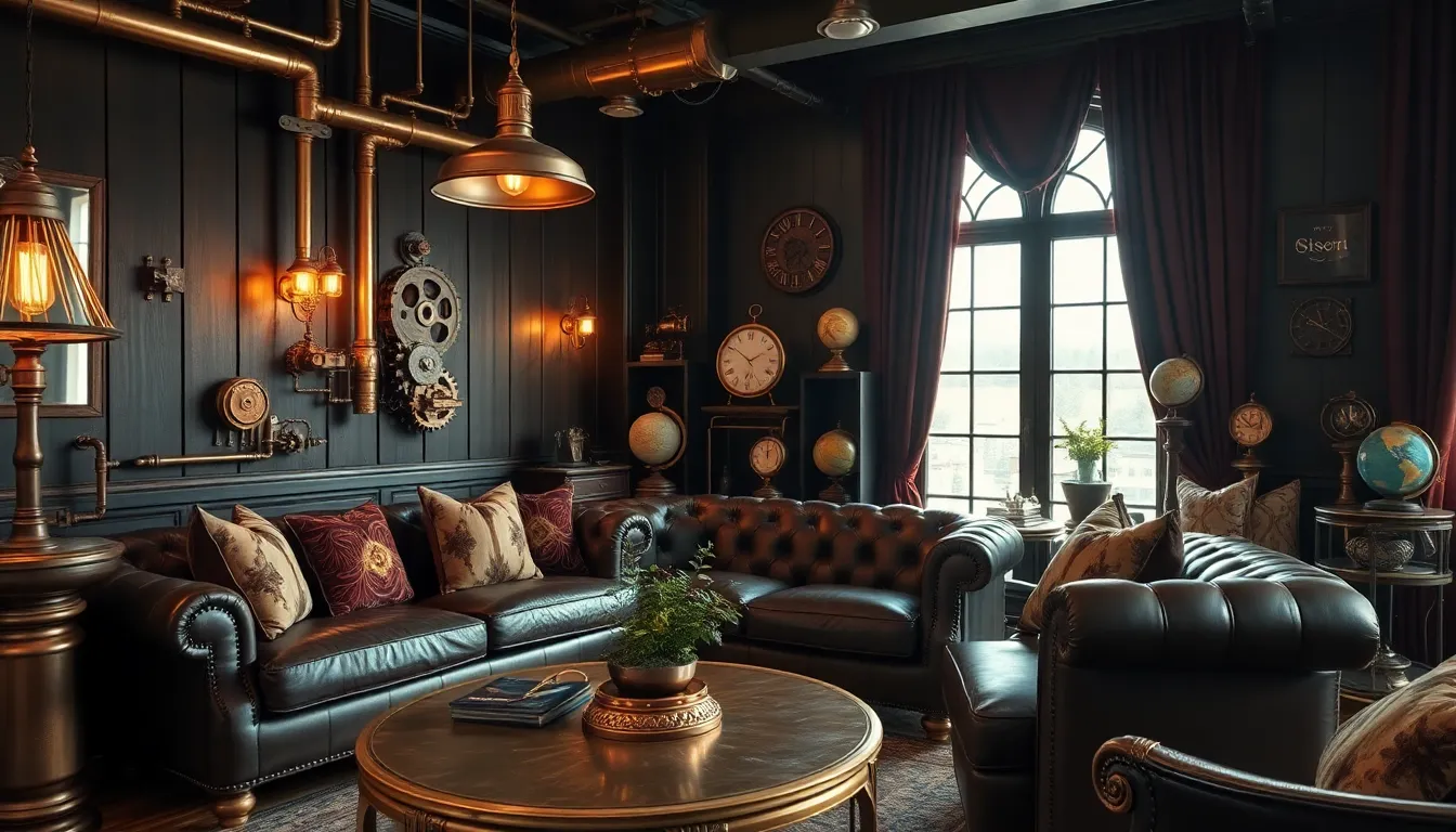 steampunk interior design with leather furniture and vintage decor.