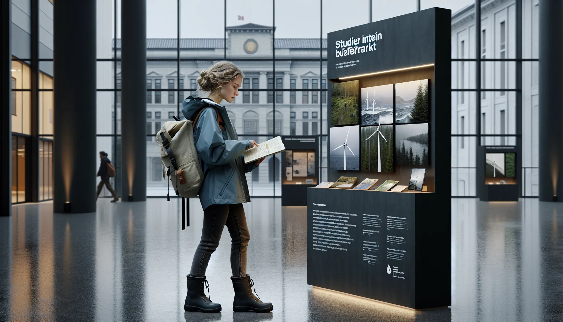 Student in Norway explores sustainability study paths at a campus information display.