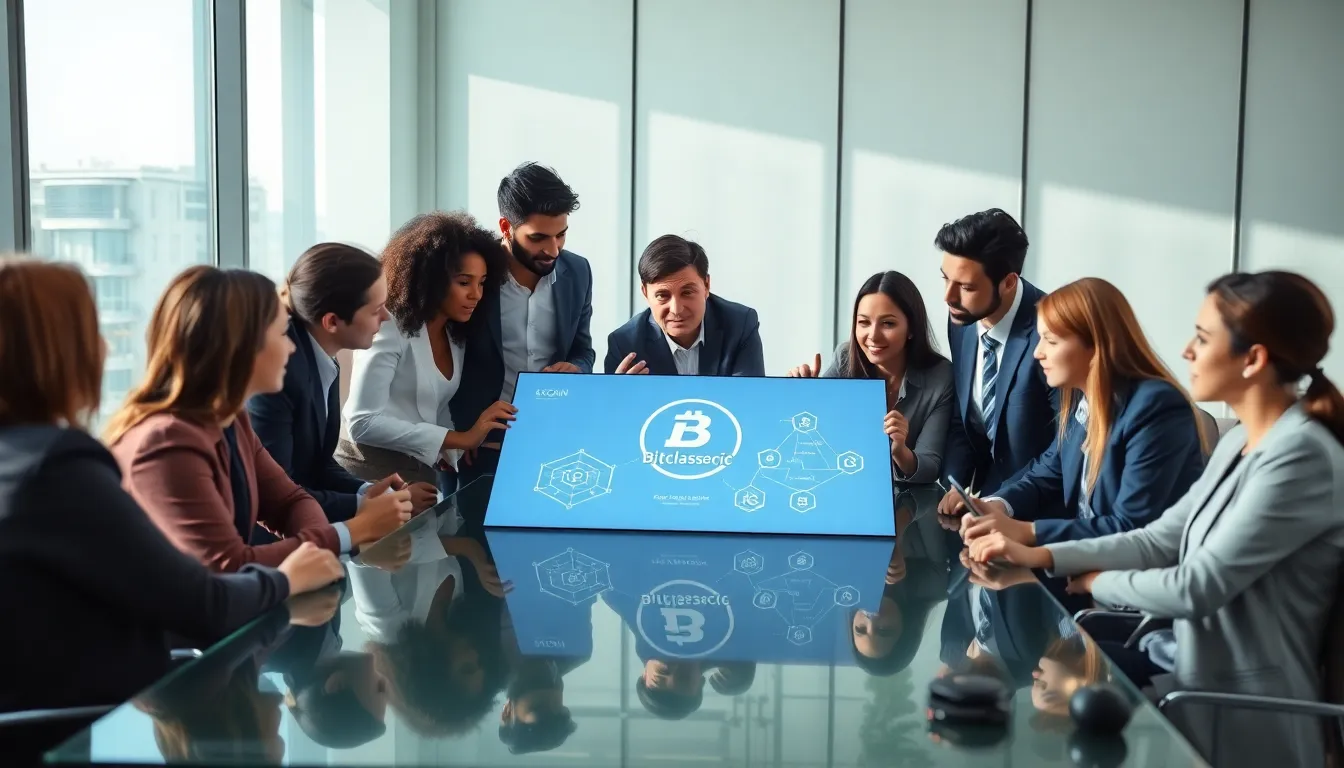 diverse team discussing Bitclassic Coin in a modern office.