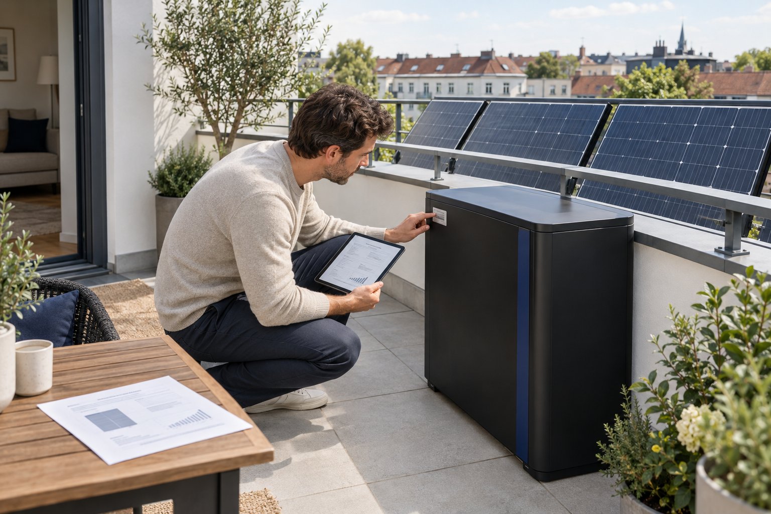 Person prüft Modellangaben eines Batteriespeichers neben Solarmodulen