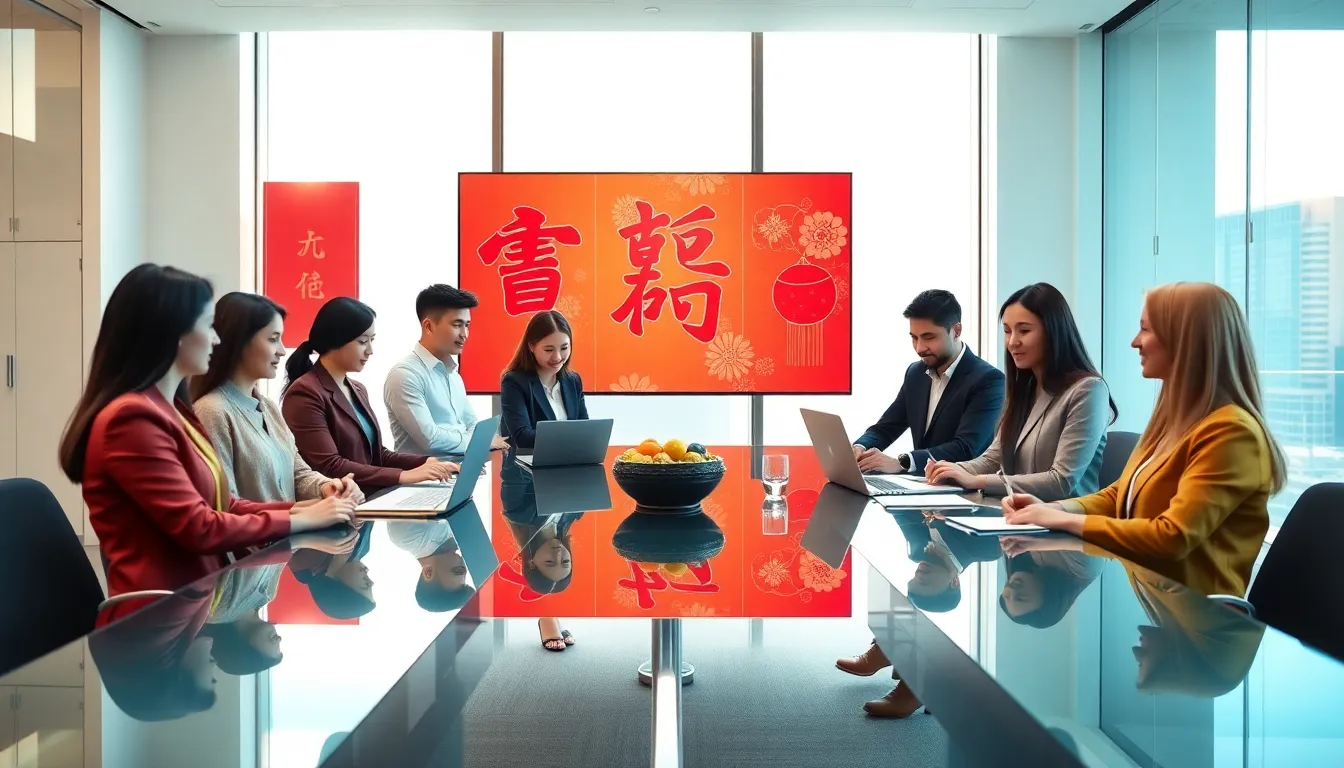 diverse professionals discussing Chinese luck symbols in a modern office.