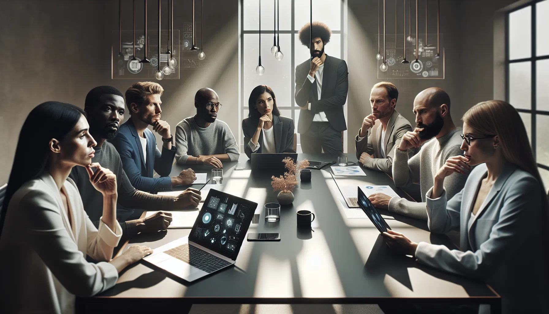 diverse professionals discussing complex concepts in a modern office.