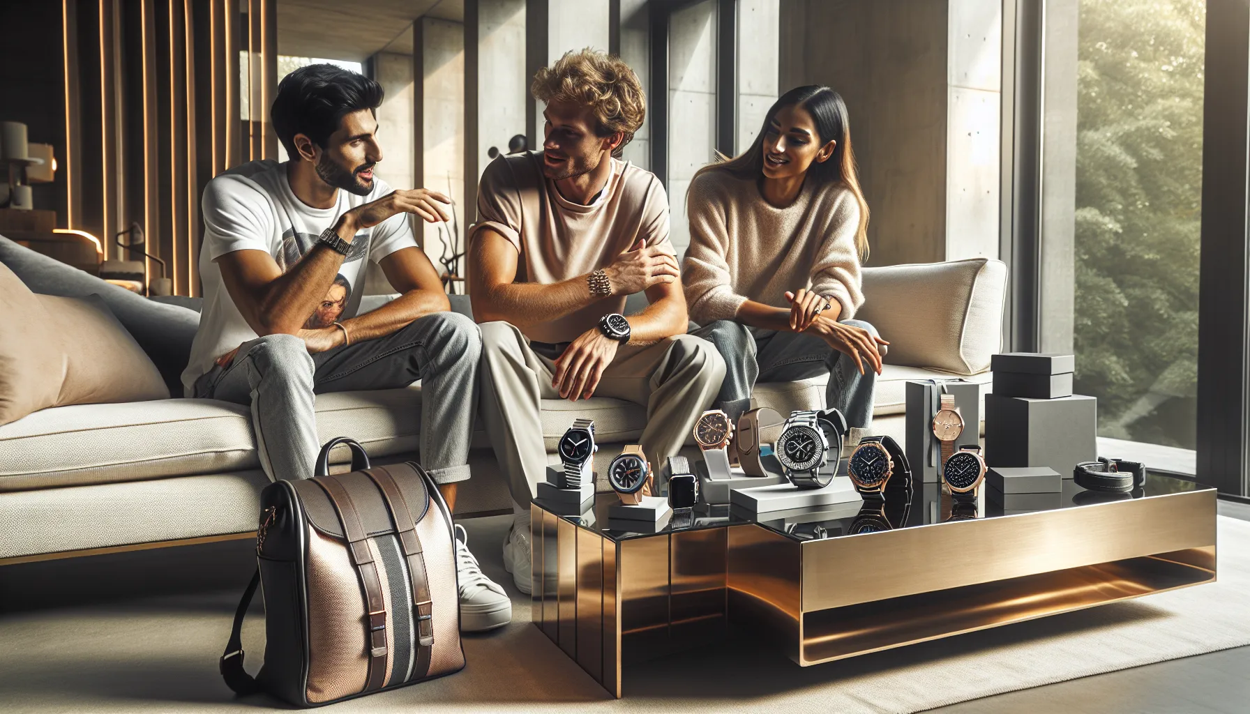 friends discussing gift ideas in a modern living room.