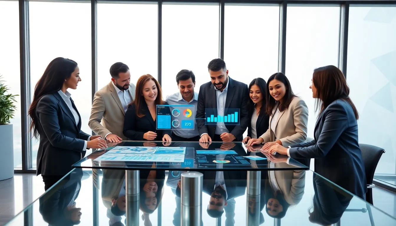 diverse team discussing technology in a modern office setting.