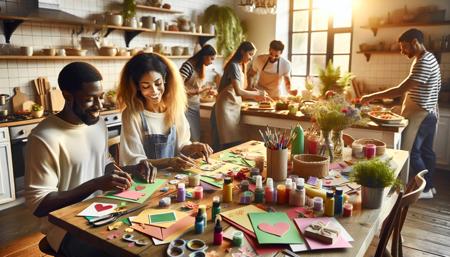 friends creating DIY Mother's Day gifts in a bright kitchen.