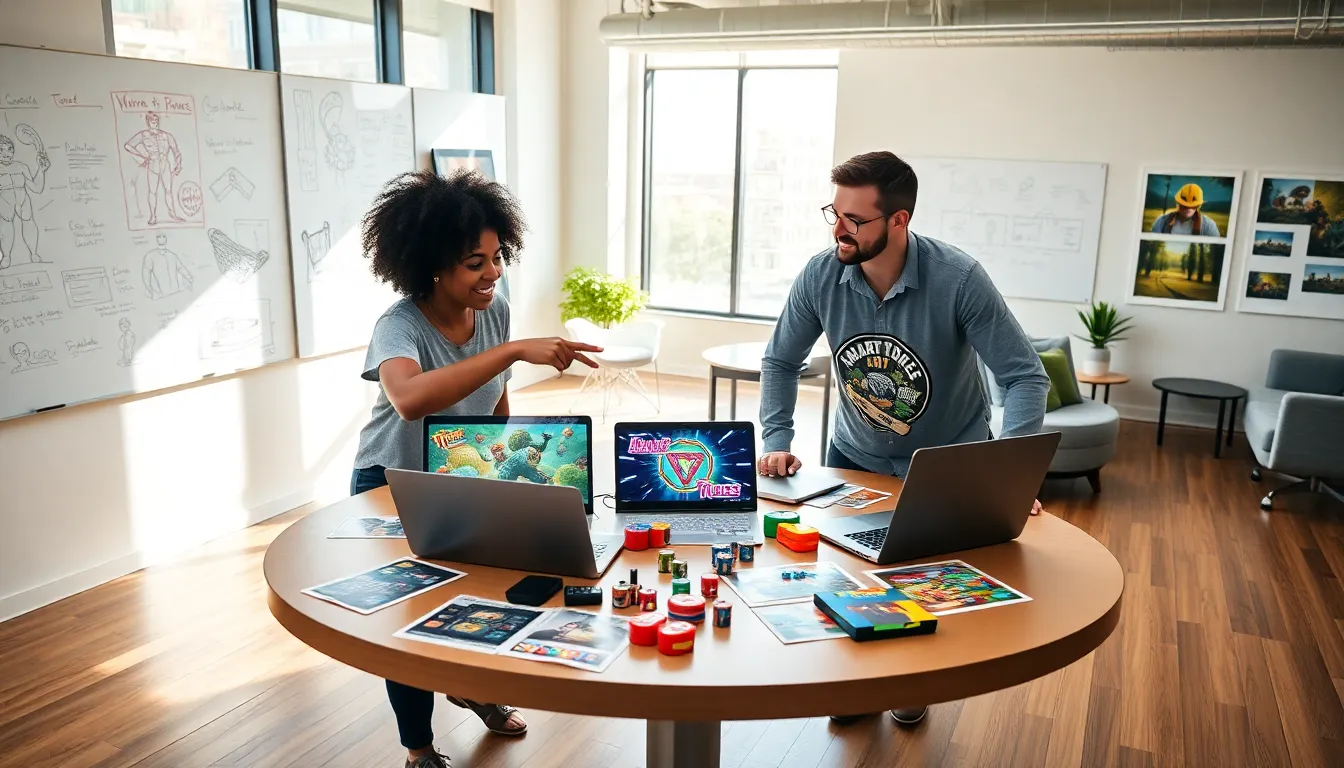 a diverse team collaborating on game design in a modern office.