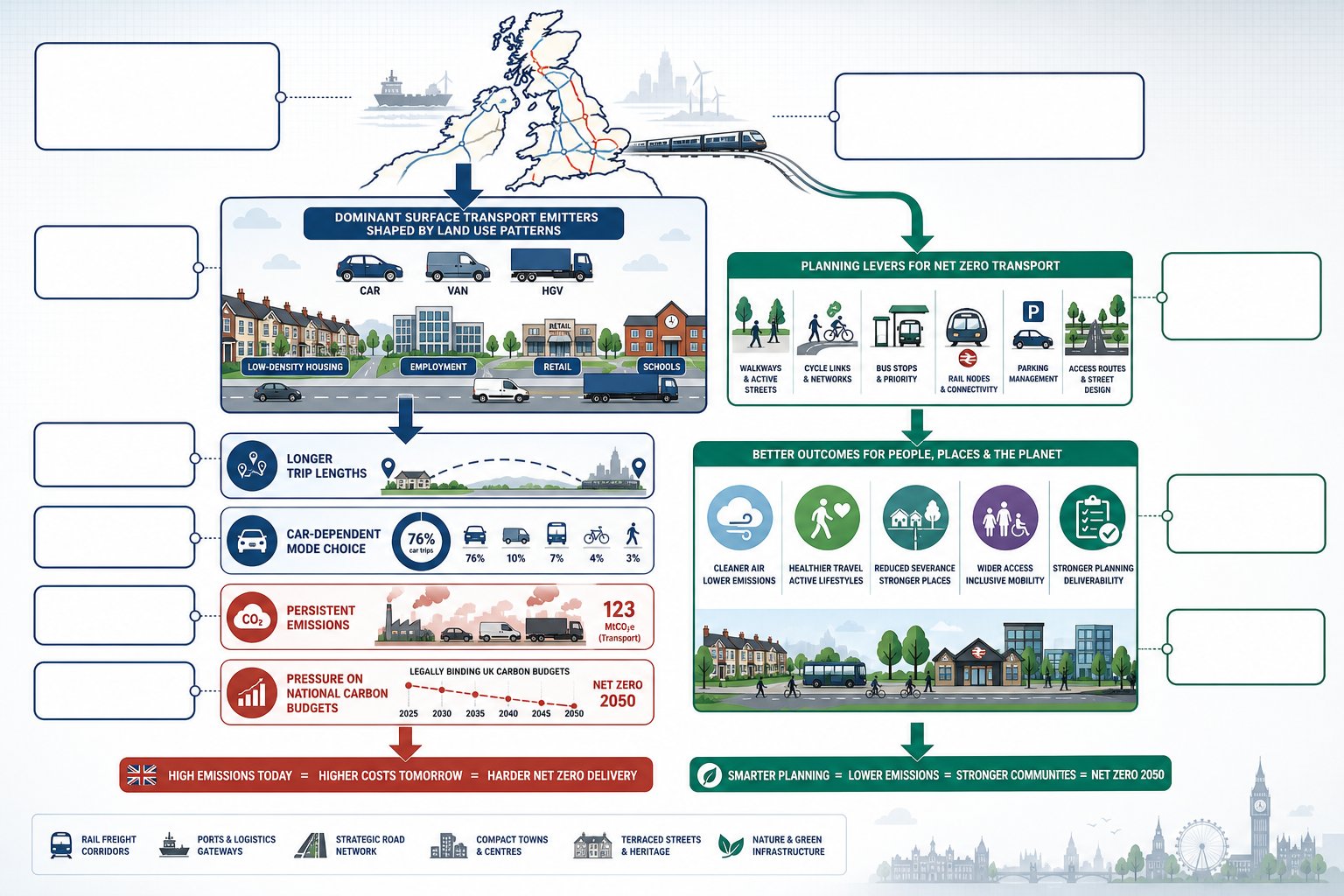 UK transport planning infographic showing emissions sources, planning choices, and net zero outcomes.