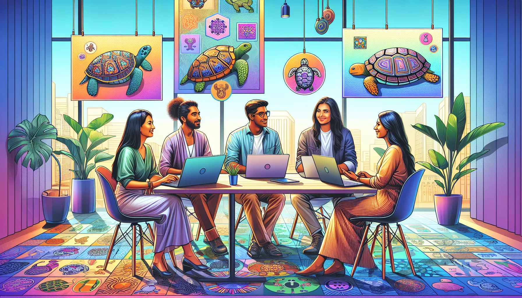 diverse group discussing turtles in a modern workspace.