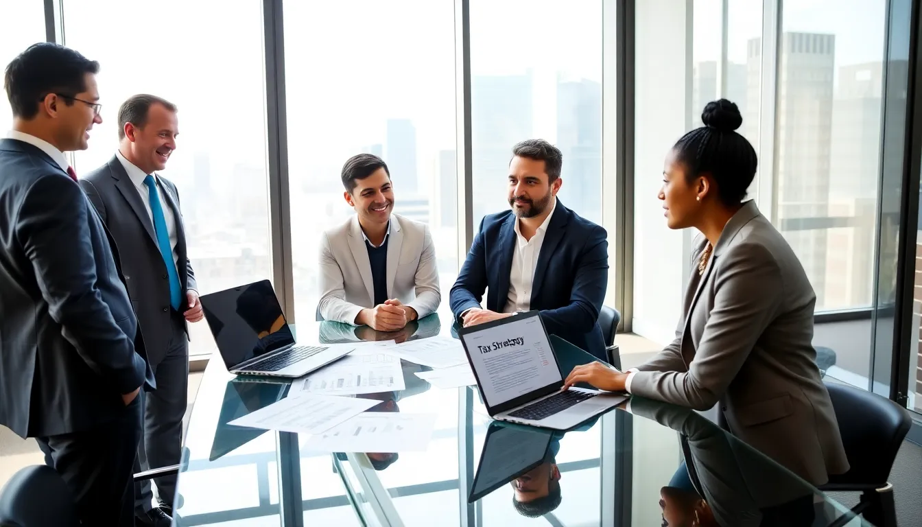 diverse team discussing tax strategies in a modern office.