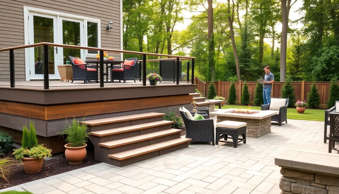 modern remodeled deck and patio with contractor inspecting the space.