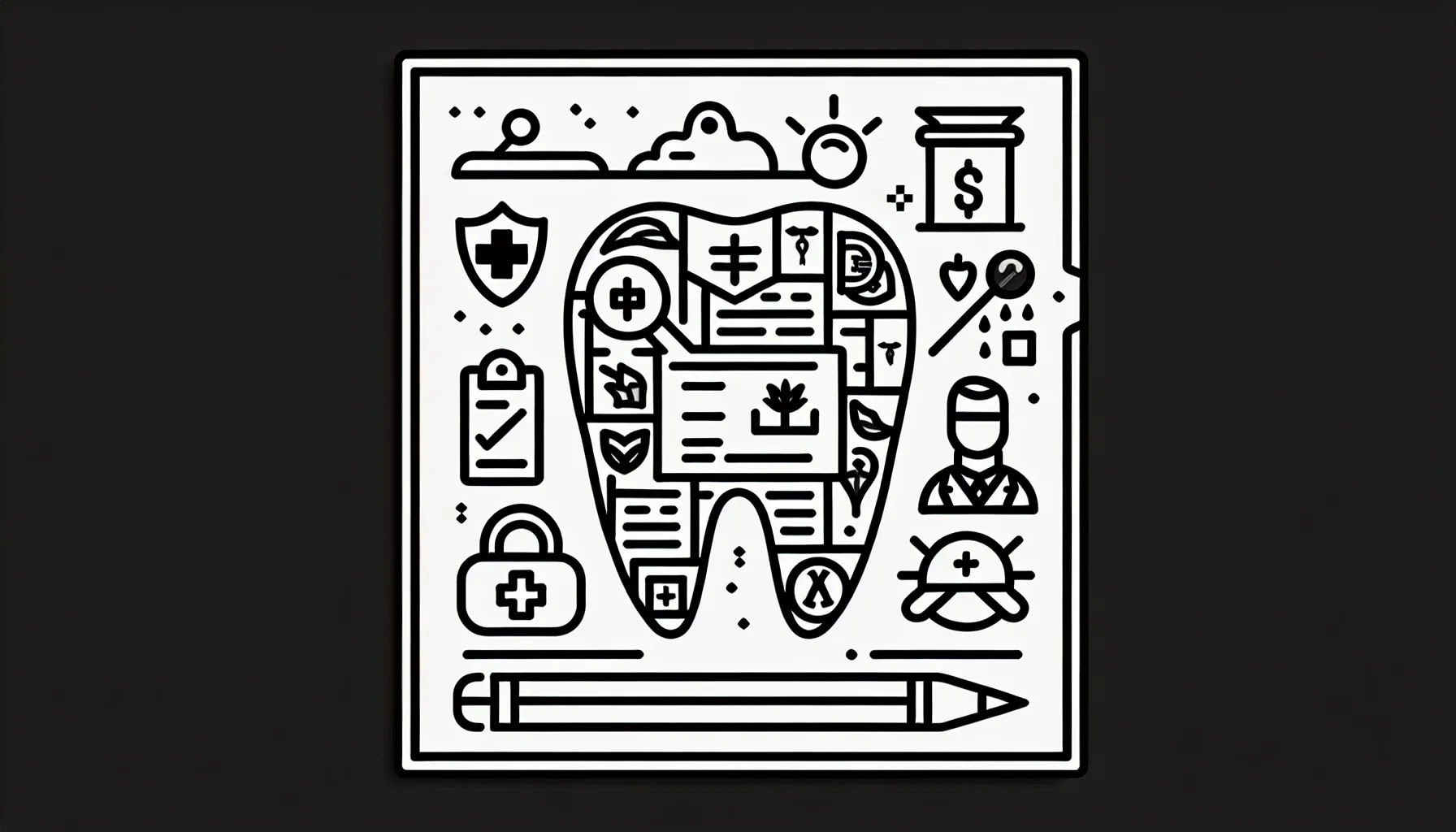 Dentist reviewing a dental malpractice policy beside a tooth-shaped shield with icons of Dental Malpractice Insurance Review