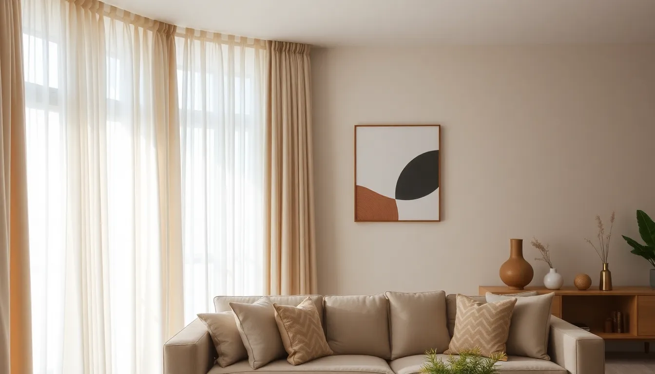 Stylish living room with elegant light curtains and modern decor.