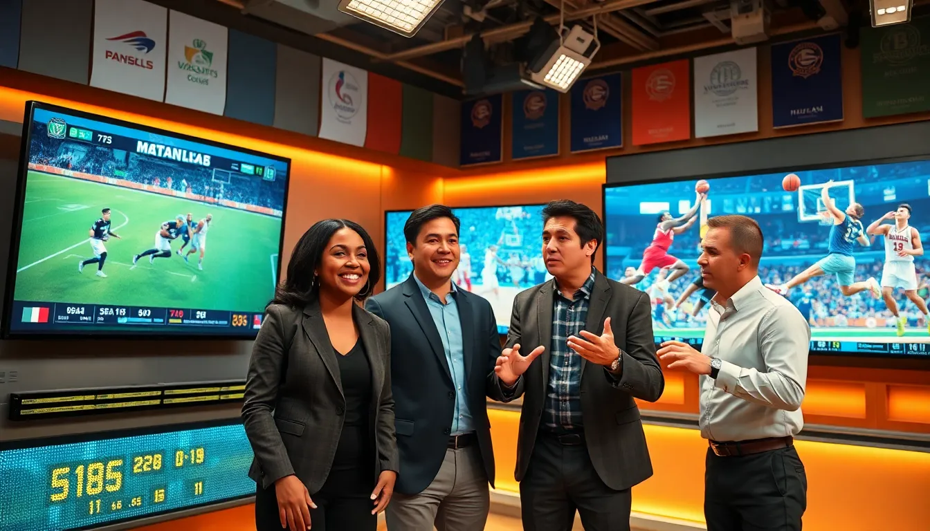 sports analysts discussing game statistics in a modern newsroom.