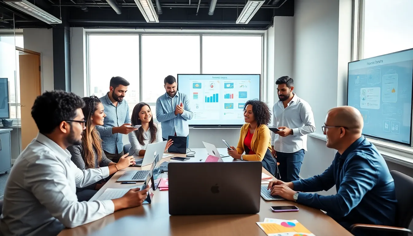diverse team brainstorming about EdTech innovations in a bright office.