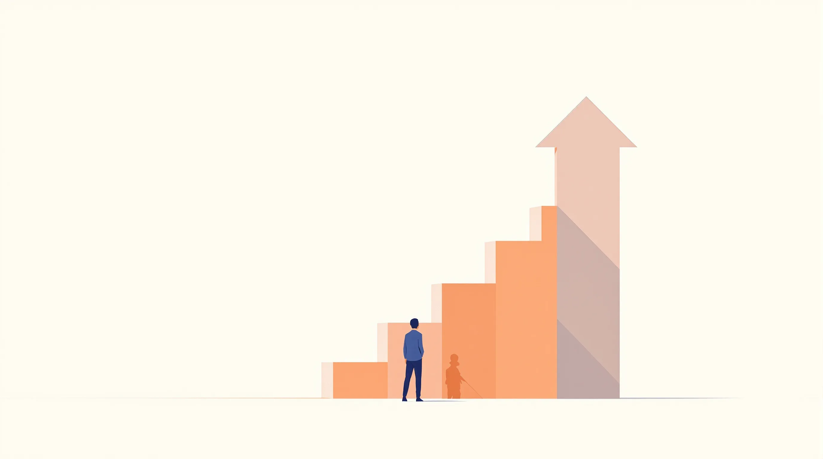 Minimal silhouette of person climbing geometric steps, symbolizing progress and self-made success.